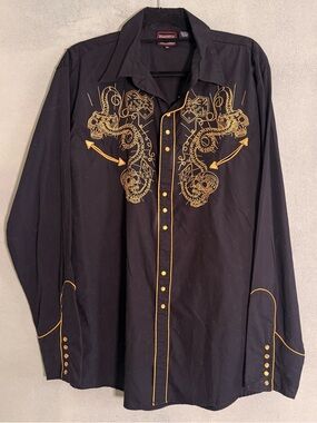 Vintage WesternWear Dragonfly Skulls, Snakes, Dice Snap Button Shirt XL